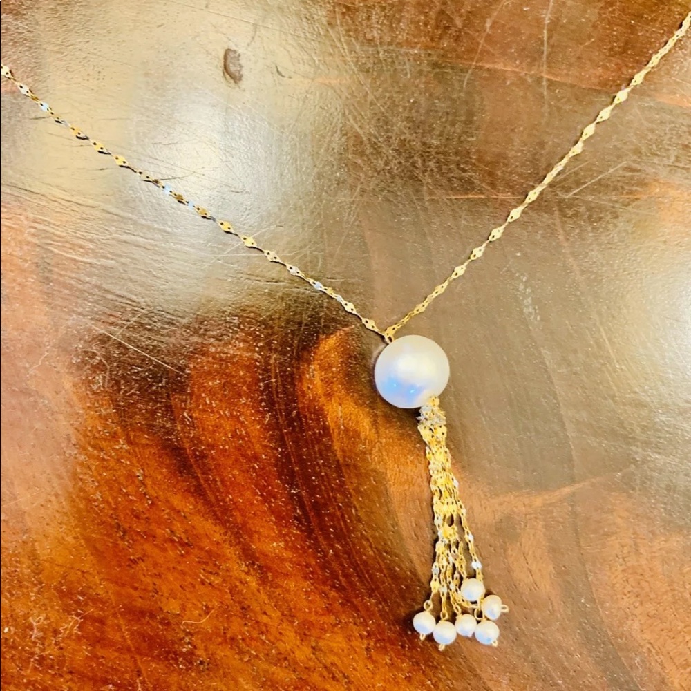 14K YELLOW GOLD (solid)  white PEARL 18” TASSEL